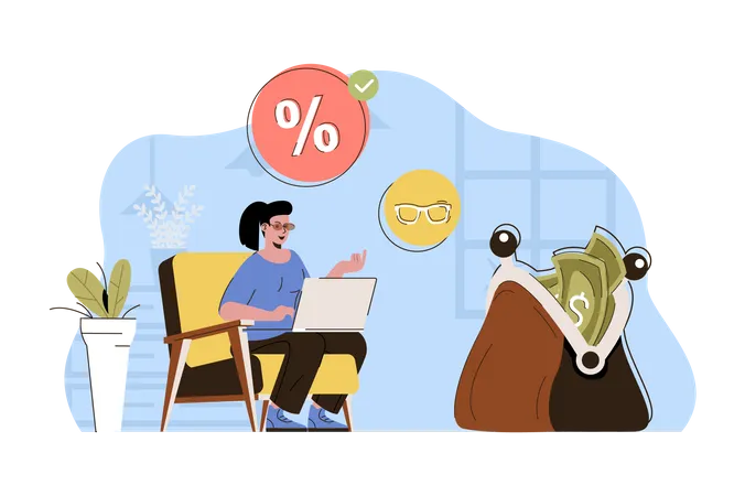 Favorable Discounts Concept Woman Buying Online At Best Prices On Sale Situation Smart Shopping Savings People Scene Vector Illustration With Flat Character Design For Website And Mobile Site イラスト