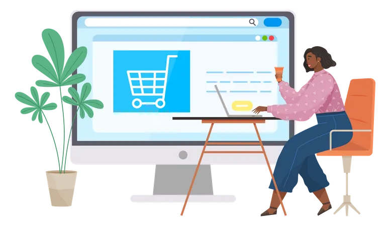 Business Woman At Office Work With Online Payment Shopping In Online Store With Application Online Marketting E Commerce Buyer Makes Purchases Remotely From Home Using Mobile App And Laptop Computer Illustration