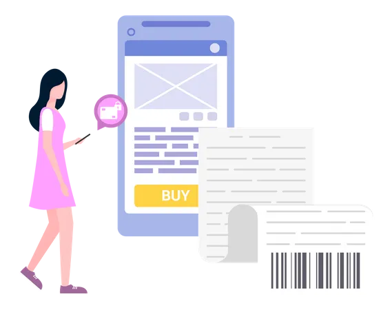 Woman Near Smartphone With Buy Icon On Screen Makes Purchases Smart App Retail Mobility Solutions Internet Shopping Female Character Uses Application For Shopping Online Payment For Goods Illustration