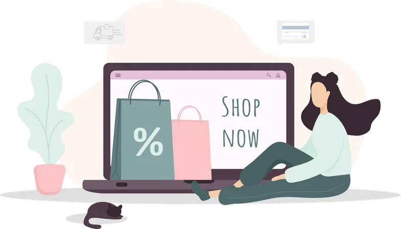 Woman Shopping Happy Girl Shop At An Online Store Vector Cartoon Illustration Isolated On White Background Promotion And Sale Template Illustration