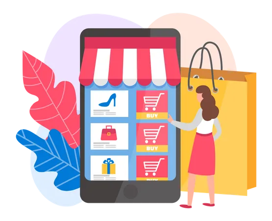 Woman Is Pressing Button By On The Phone Screen Application For Online Shopping Via The Internet Girl Chooses Goods On The Internet Program For Making Purchases Online Vector Illustration Illustration