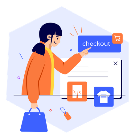 Woman doing online shopping checkout  イラスト