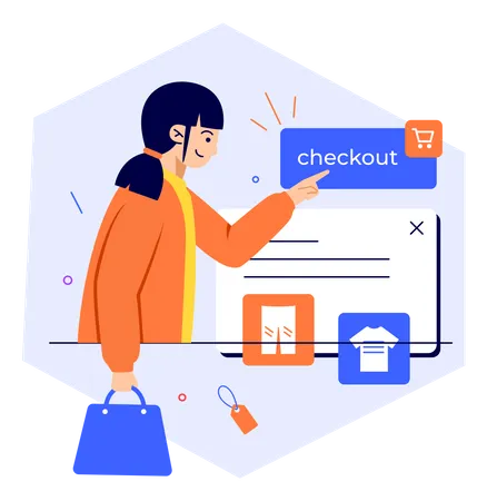 Woman Checkout Or Online Shopping From Marketplace Concept Illustration