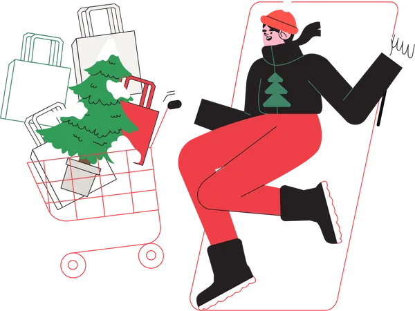 Woman With Shopping Cart Buy Presents Christmas Tree Gifts Online In Store Or Shop In Mobile Application Concept Of Sale Discount For Web Banner Ads Or Socila Media And Emails Christmas Market 일러스트레이션