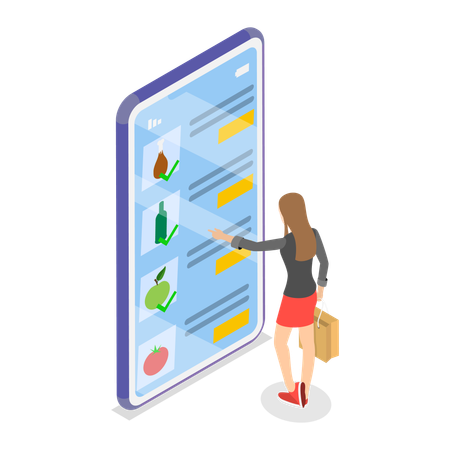 Woman doing online shopping Fresh Fruits and Vegetables  Illustration