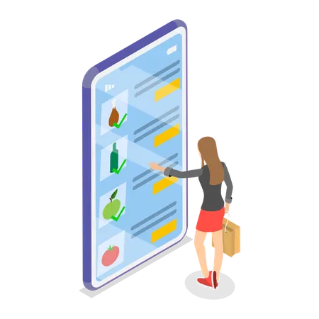 Woman doing online shopping Fresh Fruits and Vegetables  Illustration
