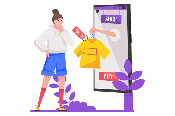 Shopping In Mobile App Concept In Flat Design Woman Choosing Clothes On Online Page Of Store And Buying With Discounts E Commerce Vector Illustration With Isolated People Scene For Web Banner Illustration