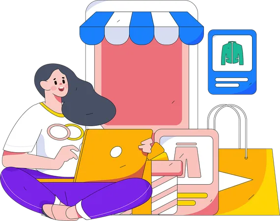 Woman doing online shopping on laptop  Illustration