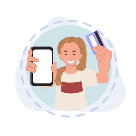Woman Showing Payment Card And App In Phone Online Shopping Shopping App Plastic Credit Card And Smartphone Vector Illustrations Illustration