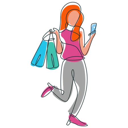 Illustration Of A Happy Woman Shopping Online Via Smartphone While Holding Shopping Bags This Illustration Can Be Used To Describe Online Shopping Discounts Big Sale Shopping Sale Happy Shopping Great Deals Etc Illustration