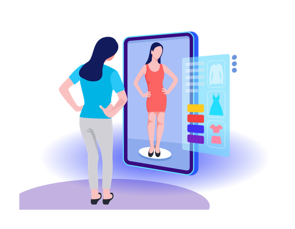 Woman doing online shopping using Virtual Technology Illustration
