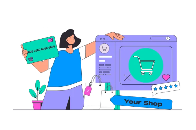 Woman doing online shopping while doing card payment  Illustration