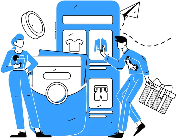 Woman doing online shopping while man holding gift box  Illustration