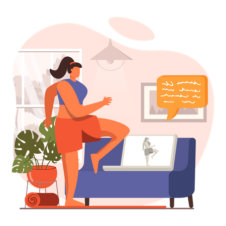Woman doing online workout session at home Illustration