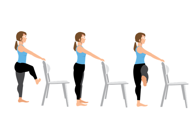 Woman doing Opposite side kicks with chair  Illustration