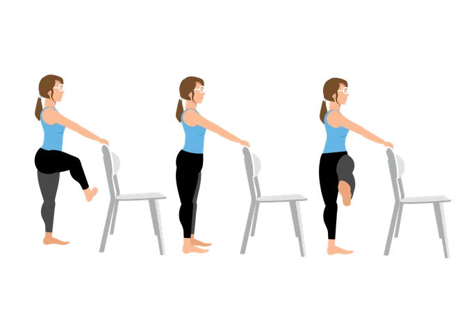 Woman doing Opposite side kicks with chair  Illustration