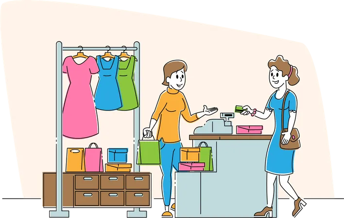 Shopping Spare Time Young Woman Paying With Credit Card At Counter Desk In Store Girl Buying Garment Standing Near Hanger In Apparel Boutique In Mall Cartoon Flat Vector Illustration Line Art Illustration