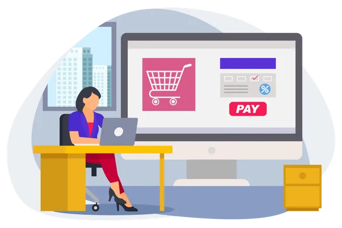 Woman doing payment for online shopping from office working time  Illustration