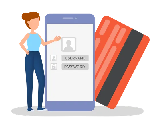 Woman Standing At Mobile Phone And Credit Card Idea Of Mobile Bank And Digital Money Transaction Flat Vector Illustration Illustration