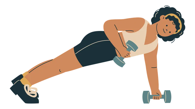 Woman Doing Plank Exercise with Dumbbell  Illustration