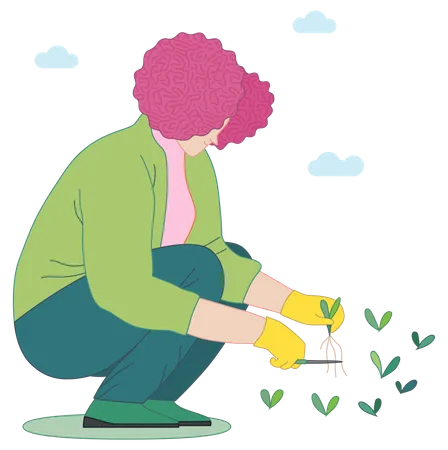 Gardening People Spring Modern Flat Vector Concept Illustration Of A Red Hired Woman Sitting On The Ground In The Squatting Position Cutting Sprouts Spring Gardening Concept Illustration