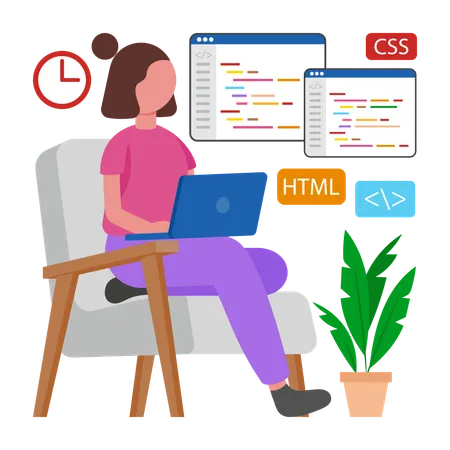 Woman doing Programming at Home  Illustration
