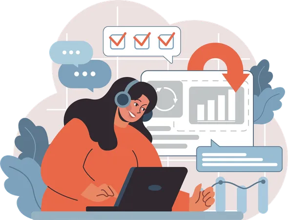 Woman doing project analysis while working on laptop with headset  Illustration