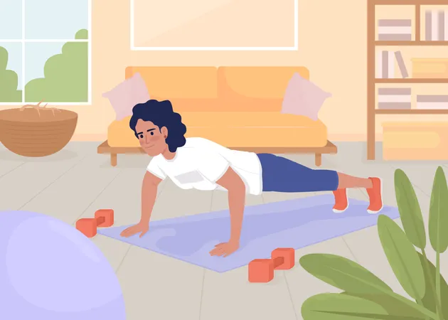 Woman Doing Push Ups At Home Flat Color Vector Illustration Routine Sports Training Healthy Active Lifestyle Fully Editable 2 D Simple Cartoon Character With Living Room On Background 일러스트레이션