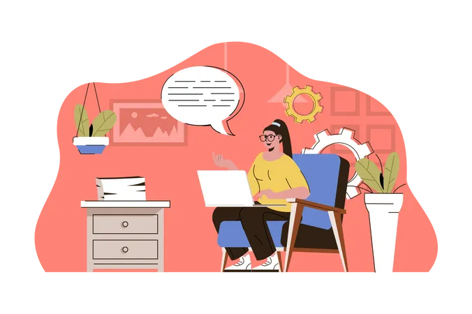 Remote Work Concept Woman Working Online With Laptop From Home Office Situation Freelancer Workplace People Scene Vector Illustration With Flat Character Design For Website And Mobile Site Illustration