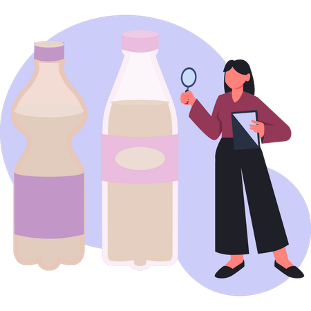 Woman  doing research on drink bottlle  Illustration