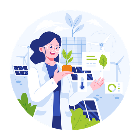 Woman doing research on plants for sustainability  Illustration