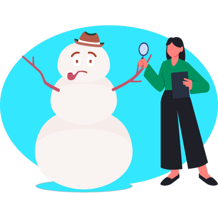 Woman doing research on sad snowman  Illustration