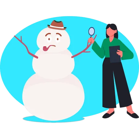 Woman doing research on sad snowman  Illustration