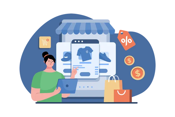 Customer With Shopping Cart Buying Digital Service Online 일러스트레이션