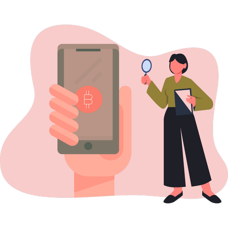 Woman doing searching bitcoin on mobile  Illustration