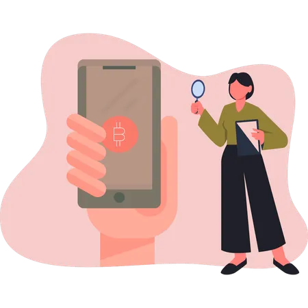 Woman doing searching bitcoin on mobile  Illustration