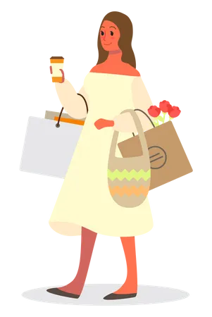Woman Shopping Person With Shopping Bags Big Sale And Discount Concept Cheerful Buyer Vector Illustration In Cartoon Style Illustration