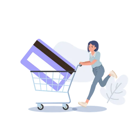 Woman Run With Shopping Cart Card And Credit Card Inside Shopping Concept Vector Illustration Illustration