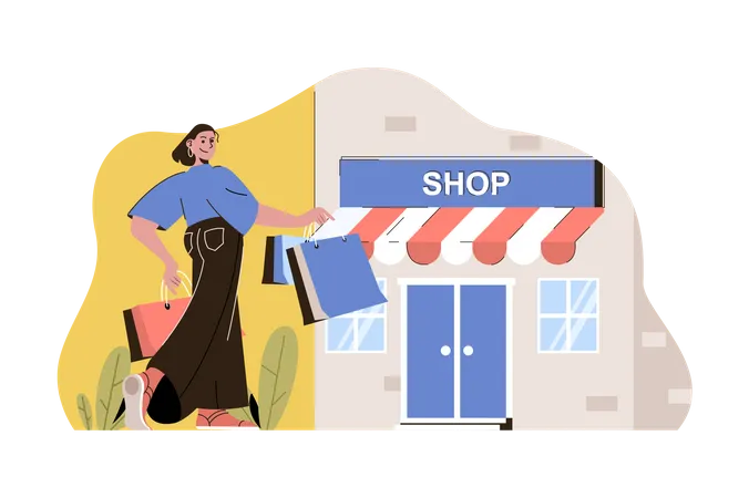Shopping Trip Concept Woman Shopping In Boutiques On Vacation Situation Buyer Searches And Buys Clothes People Scene Vector Illustration With Flat Character Design For Website And Mobile Site Illustration