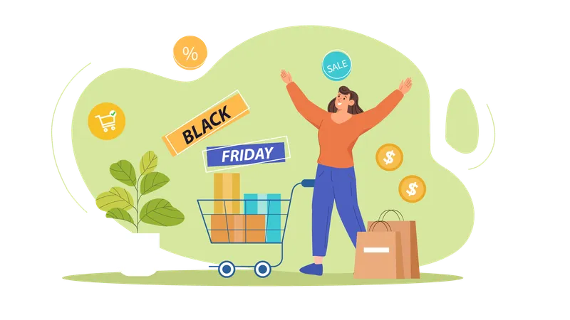 Woman doing shopping during black friday sale  Illustration