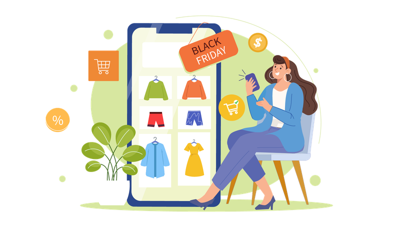 Woman doing shopping during black friday sale on mobile app  Illustration