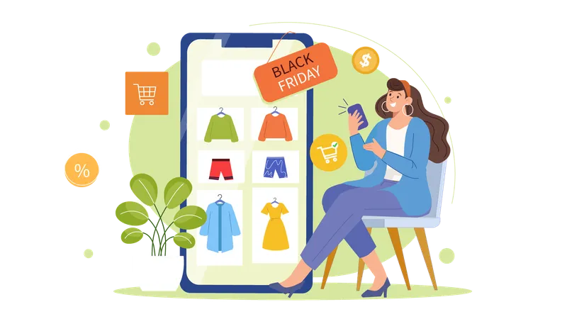 Woman doing shopping during black friday sale on mobile app  Illustration