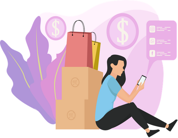 Woman doing shopping on mobile  Illustration