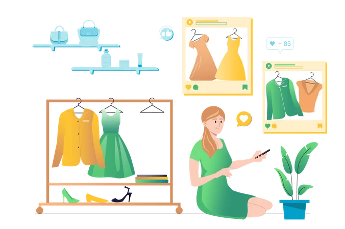 Woman doing shopping on social media app  Illustration