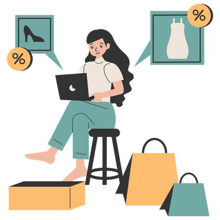 Woman doing shopping online with discount  Illustration