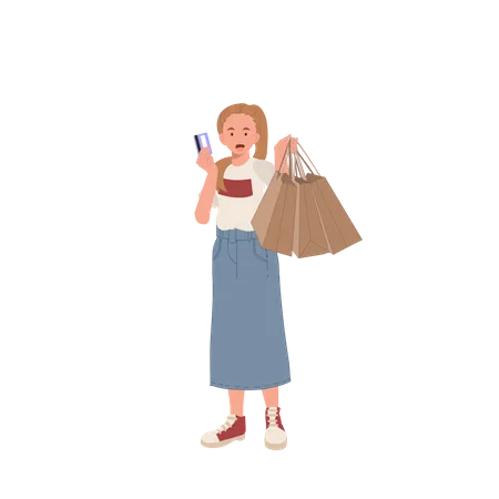 Shopping Concept Woman Holding A Credit Card And Shopping Bags In Her Hands Flat Cartoon Vector Illustration Illustration