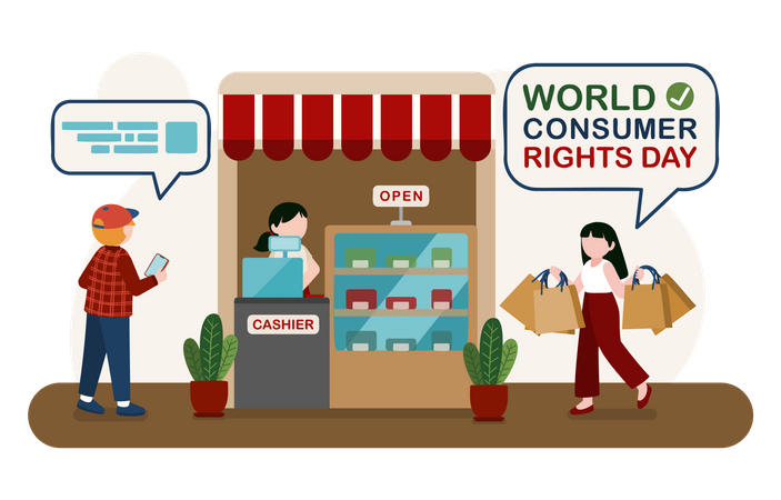 Woman doing shopping with consumer rights  Illustration