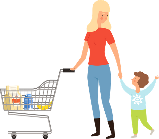 Woman doing shopping with son Illustration