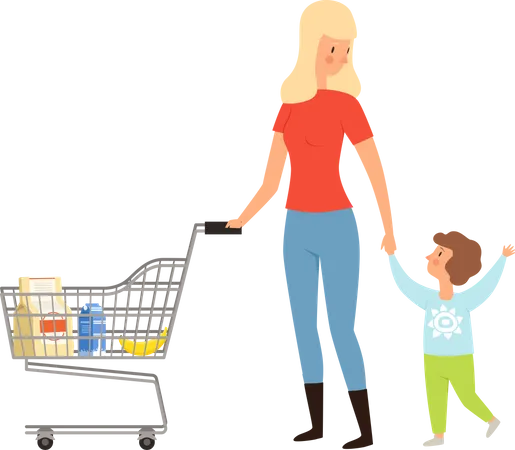 Woman doing shopping with son  Illustration