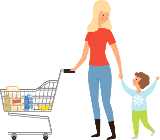 Woman doing shopping with son  Illustration